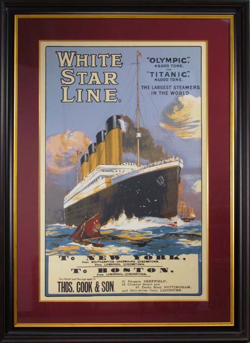 Travel Poster White Star Line, Olympic & Titanic, To NY: Artist: After Montague Birrell Black (1884 - ?, British) Title: White Star Line, Olympic & Titanic, To NY and To Boston Medium: color lithograph Dimensions: 41-3/4" ht. By 26-3/4" wd. Edition: printe