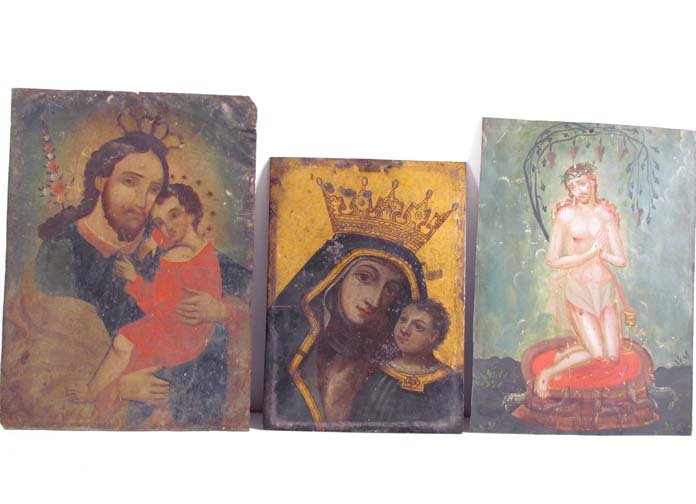 3 19th C. Mexican religious retablo on copper: Artist: Mexican or South American Retablo painters Title: 2 Madonna and Child with Christ in Resurrection Date: 19th century Medium: oil on copper panel Dimensions: 14 x 10 inches and smaller