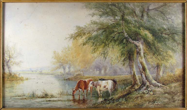 Norton Willis w/c "Cows Grazing in a Stream": Artist: Willis, Norton (19th/ 20th century) Title: Cows Grazing in a Stream Date: late 19th/Early 20th Century Medium: watercolor and gouache Dimensions: 16 x 27 inches Signature: signed
