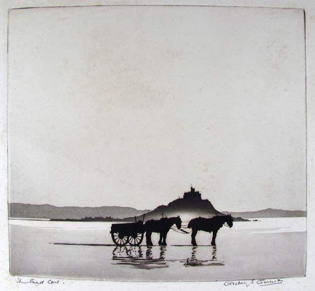 "The Sand Flats" original etching: Artist: Early 20th Century Printmaking School Title: The Sand Flats Medium: etching Dimensions: 7.75 x 8.75 inches, sheet size 13.5 x 15 inches Description: image is of the tidal flats at Mont St. Mi