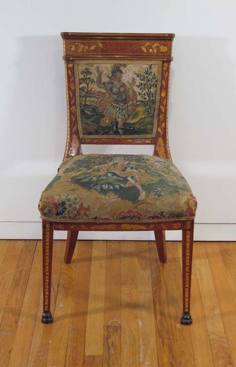 Inlaid Sheraton Style Needlepoint Side Chair: Title: Inlaid Sheraton Style Needlepoint Side Chair Medium: inlaid wood, needlepoint Dimensions: 34.25 x 19 x 14.5 inches