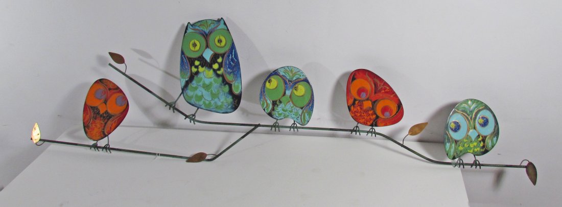 Curtis Jere Owl Family Enamel Wall Relief: Artist: Curtis Jere (Fels, Jerry (American, 1917-2007) & Freiler, Kurt (American 1910 - 2013)) Title: Owl Family Medium: enamel on metal Dimensions: 44 inches long Provenance: Original Artisan House