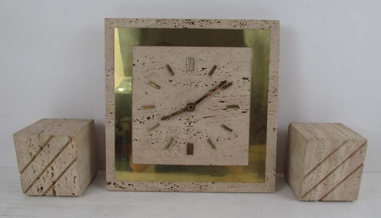 Raymor Travertine Clock and Bookend Set: Artist: Raymor Title: Travertine Wall Clock and Pair of Bookends Medium: travertine Dimensions: 12 x 12 inches (Clock) Signature: Raymor label on clock