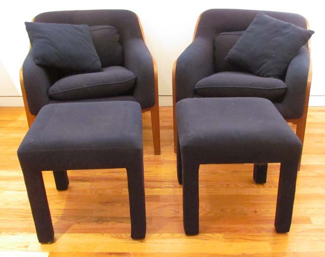 BILL STEPHENS / KNOLL Pair of club chairs on laminated: Artist: BILL STEPHENS for KNOLL Title: Pair of club chairs on laminated oak frames with blue felt upholstery with 2 matching ottomans possibly by another designer Dimensions: 29 1/2'' x 29 1/2'' x 27