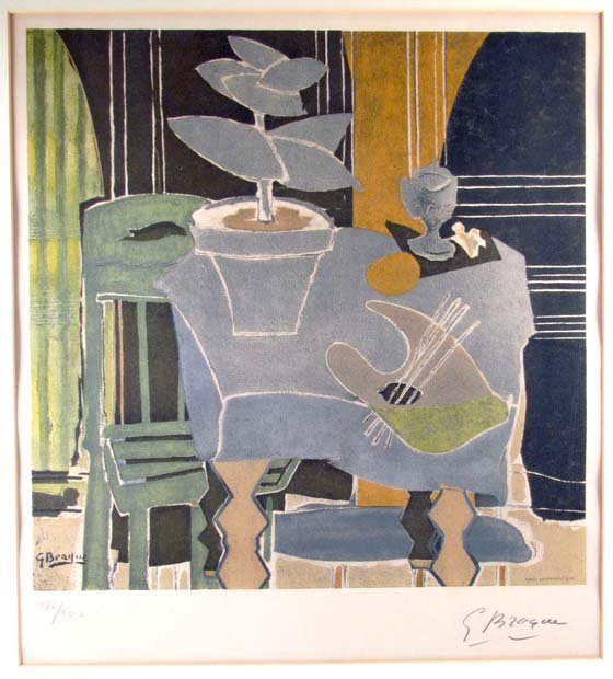 After Braque Still Life with Palette, signed by Br: Artist: After Georges Braque, by Henri Deschamps pencil signed by Braque Title: Nature Morte a La Palette Medium: color lithograph on Arches cream wove paper Dimensions: 18.5 x 18.5 inches Edition: 1