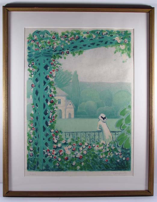 Jean-Pierre Cassigneul orig litho "On the Veranda": Artist: CASSIGNEUL, Jean-Pierre (French, born 1938) Title: On the Veranda Date: circa 1980 Medium: lithograph printed in colors on japon paper Dimensions: 25 x 18 inches Edition: XLVIII/C