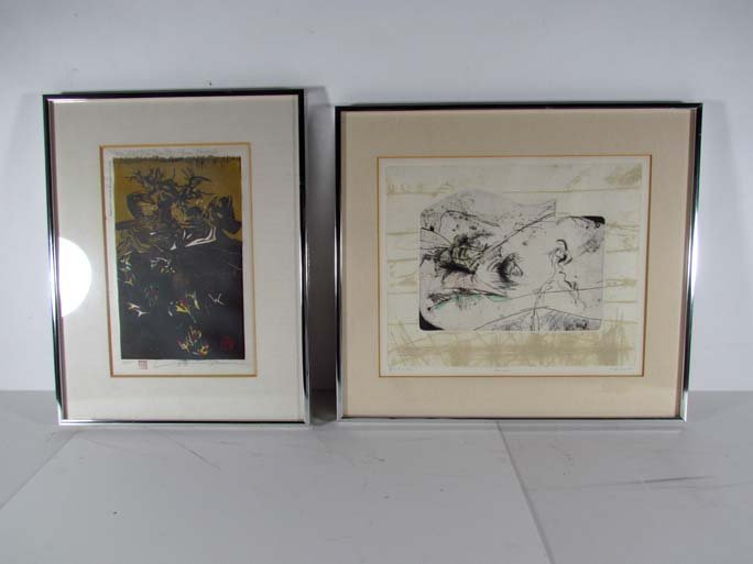 Vo Dinh and another etching by Asian Artist, Dancer: Artist: Dinh, Vo (Vietnamese, born 1933) & unidentified Title: Brown Spring & Dancers Date: 1970's and 1973 Medium: color woodblock and 2 plate color etching Dimensions: 11 x 7 inches and 11 x 13.5 i