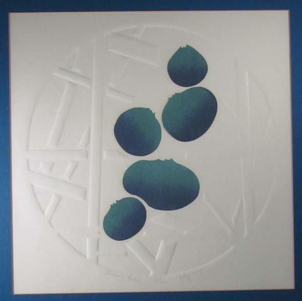 Judy Targan intaglio Blueberry Patch: Artist: Targan, Judy (American, b. 1931) Title: Blueberry Patch Medium: inkless intaglio relief Dimensions: 24 x 24 inches Edition: 23 of 200 Signature: Signed, titled, and numbered in pen