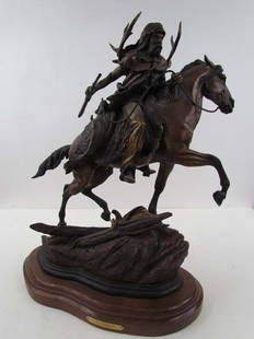 Dustin Payne cast bronze "The Trailblazer": Artist: Payne, Dustin (Dusty) L. (American, born 1981) Title: The Trailblazer Medium: cast bronze with brown and gold patina mounted to a fitted wood base Dimensions: 21"H x 20"W x 7"D Edition: 2 fro