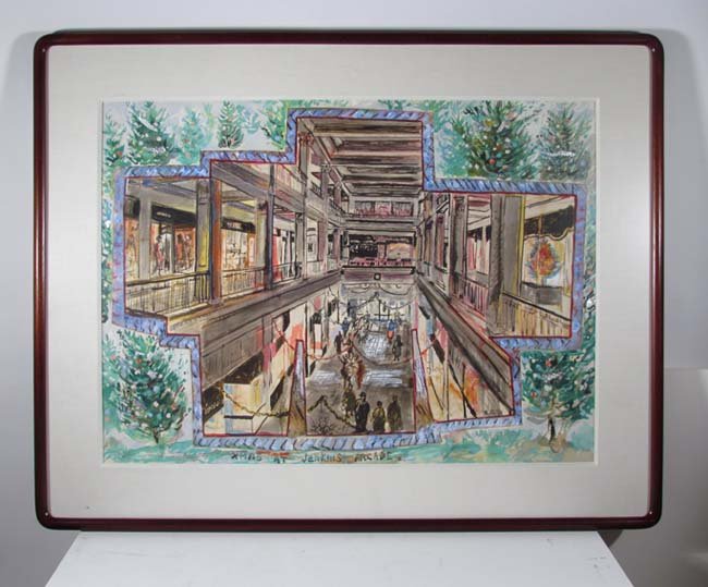 Bob Qualters "X-mas at the Jenkins Arcade": Artist: Qualters, Robert (20th/21st Century American) Title: X-mas at the Jenkins Arcade Date: 1981 Medium: watercolor collage and mixed media Dimensions: 21.5 x 29.5 inches Signature: si