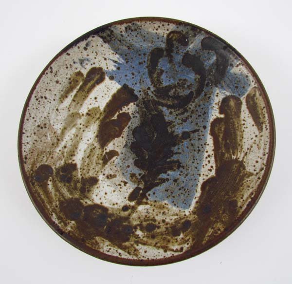 Early Peter Voulkos Glazed Stoneware Low Bowl: Artist: Voulkos, Peter (American, 1924-2002) Title: Abstracted Landscape Scene on Low Bowl Medium: glazed stoneware Dimensions: 8.5 x 8.5 x 1.75 inches Signature: Incised Voulkos on underside