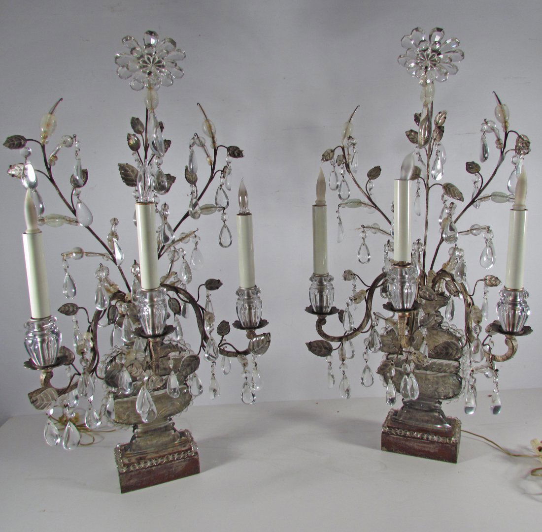 Pair of MAISON BAGUES Silvered Metal and Glass Lamps: A Pair of Gilt-Metal and Glass Table Lamps, 1920s each in the form of an urn issuing flowers and leafy candle arms.' GILT-METAL AND GLASS 27.5 inches tall with Made In France stamped BAGUES on reverse