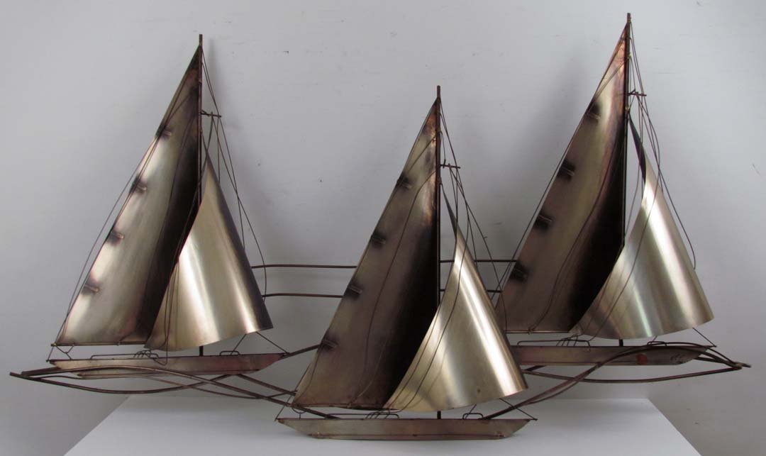 C. Jere Sailboat w 3 Sails: Artist: Curtis Jere (Fels, Jerry (American, 1917-2007) & Freiler, Kurt (American 1910 - 2013) Title: C. Jere Metal Sailboat Wall Sculpture with 3 Billowing Sails Date: 1977 Medium: brass Dimensions: