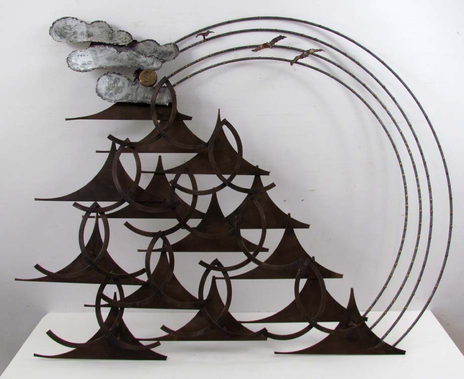 Curtis Jere modern brass and steel wall sculpture: Artist: Curtis Jere (Fels, Jerry (American, 1917-2007) & Freiler, Kurt (American 1910 - 2013)) Title: Ocean Waves Medium: brass and steel Dimensions: 33.5 x 42.5 x 3 inches