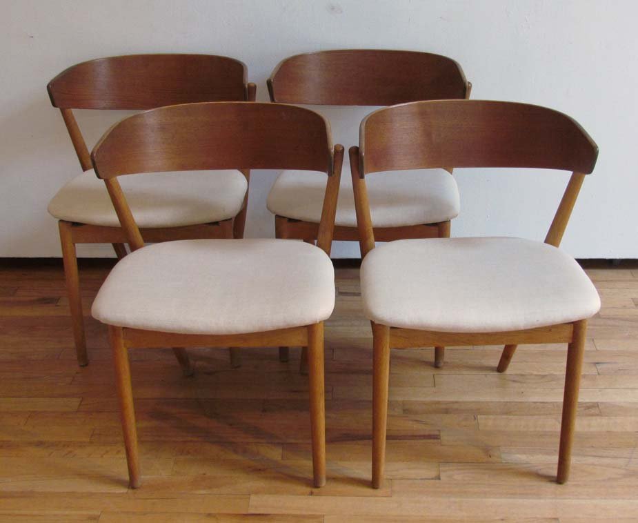4 Helge Sibast Scandinavian Modern Chairs: Artist: Sibast, Helge for Sibast Mobler Title: 4 Scandinavian Mid Century Modern Chairs with canted back legs and upholstered seats Medium: wood and fabric Dimensions: 29 x 21 x 15.5 inches Provenance