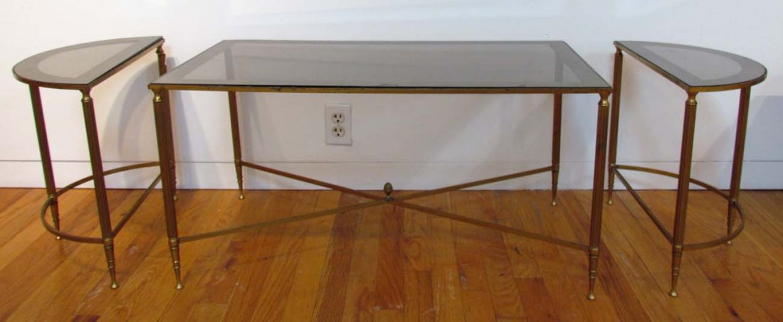 Ital Brass & Smoked glass Coffee Table w 2 side tables: Title: Italian Brass & Smoked glass Coffee Table w 2 demi-lune side tables Medium: glass, mirror, brass Dimensions: coffee table 17 1/8 x 33.75 x 18.75 inches. Side tables 17 1/8 x 9.25 x 18.75 inches