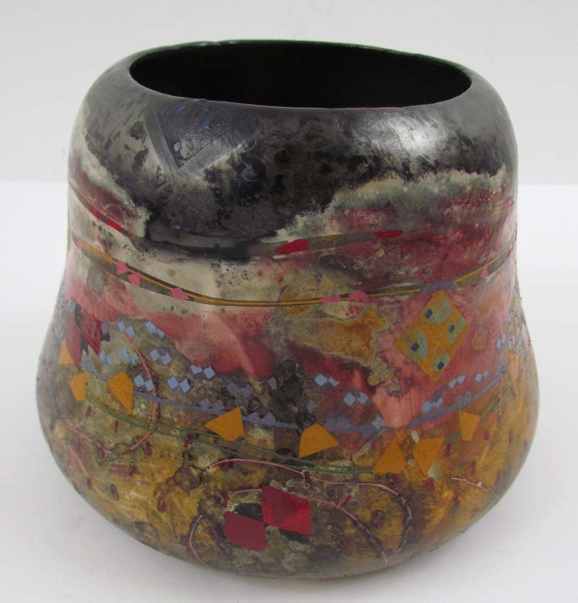 Bennett Bean glazed and painted Bowl: Artist: Bean, Bennett (American, b. 1941) Title: Glazed and painted ceramic Bowl Date: 1980's Medium: pit fired earthenware with painted details Dimensions: 7 x 9 x 9 inches Signature: wit