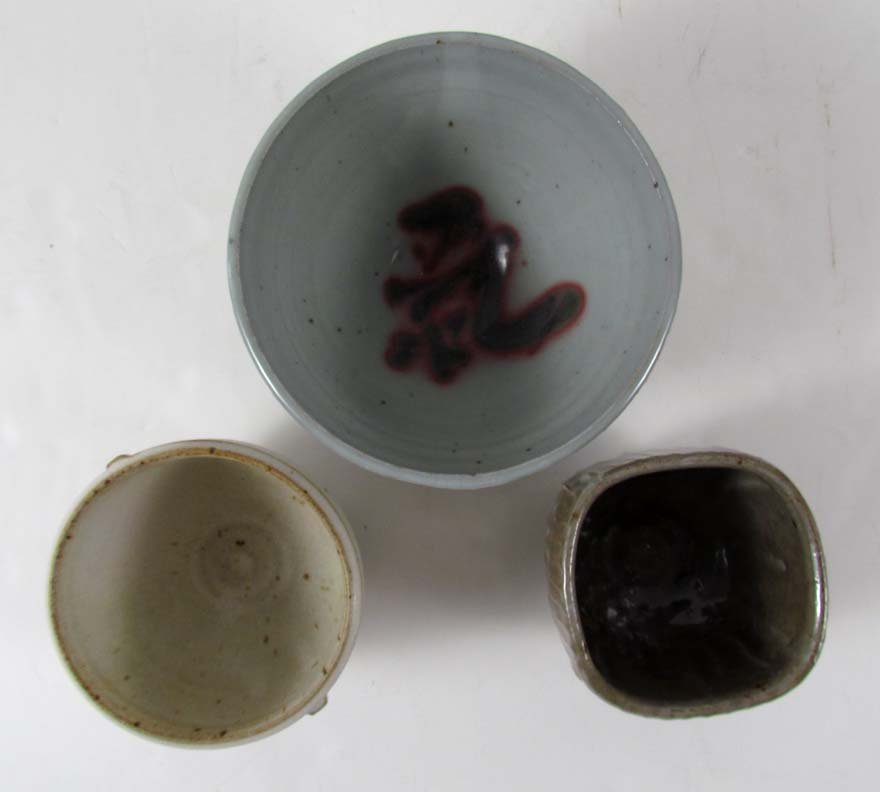 3 Rick Bonomo small glazed Tea Bowls: Artist: Bonomo, Richard (American, d. 2014) Title: 3 Beautifully Glazed tea Bowls Medium: glazed stoneware Dimensions: 4 x 7 x 7 inches and smaller Signature: each stamped with the artist's chop mark