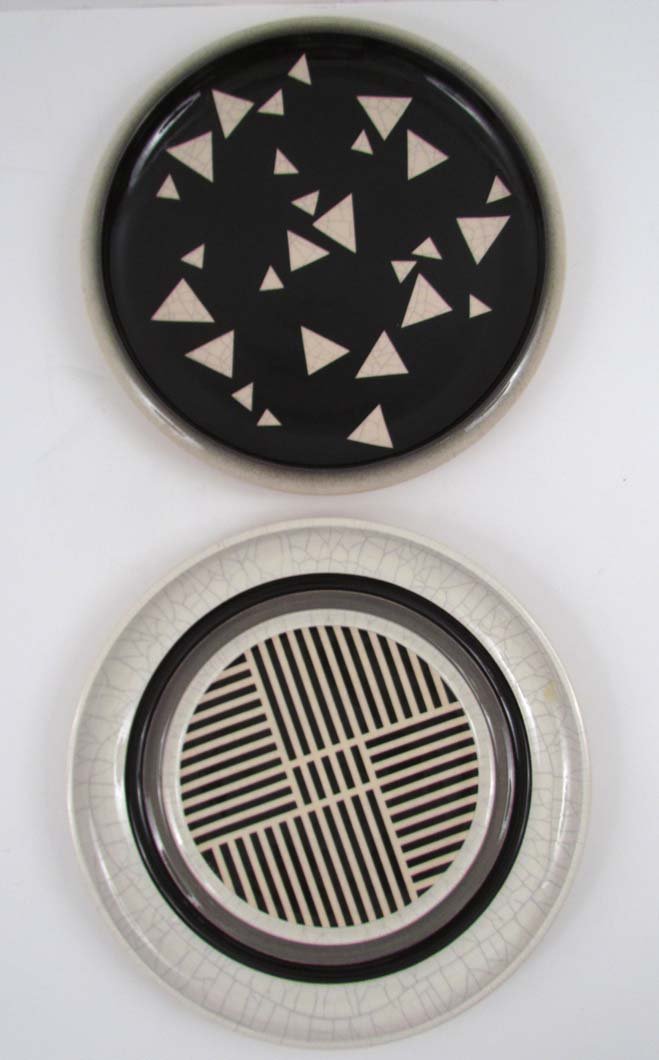 2 Christopher Hoffmann crackle glazed Wall Chargers: Artist: Hoffman, Christopher (Contemporary American) Title: 2 geometrically glazed ceramic wall chargers Date: 1985 Medium: crackle glazed ceramic Dimensions: 16 inches in diameter Signature: