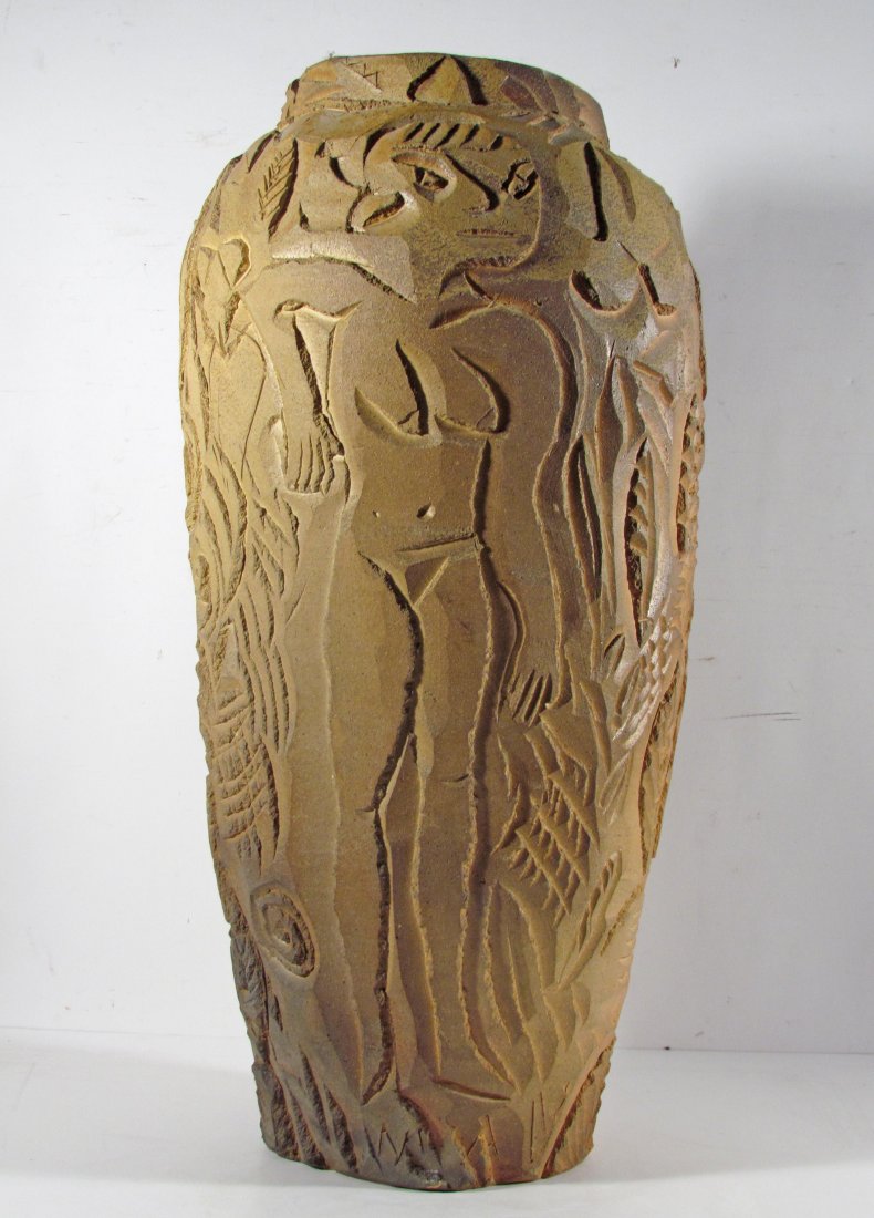Large Kirk Mangus Hand Built Incised Stoneware Vase: Artist: Mangus, Kirk Title: Incised Vase Date: c. 1980 Medium: stoneware Dimensions: 31 inches tall Signature: incised with signature on lower edge
