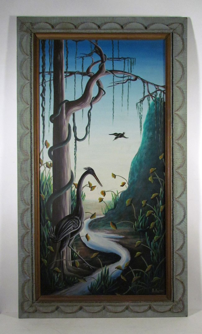 Bourmond Byron Oil Painting Haitian: Artist: Byron, Bourmond (Haitian b.1920) Title: Cranes in a Swamp Date: c.1960's Medium: oil on masonite Dimensions: 47.25 x 23 inches Signature: signed lower right in paint Frame T