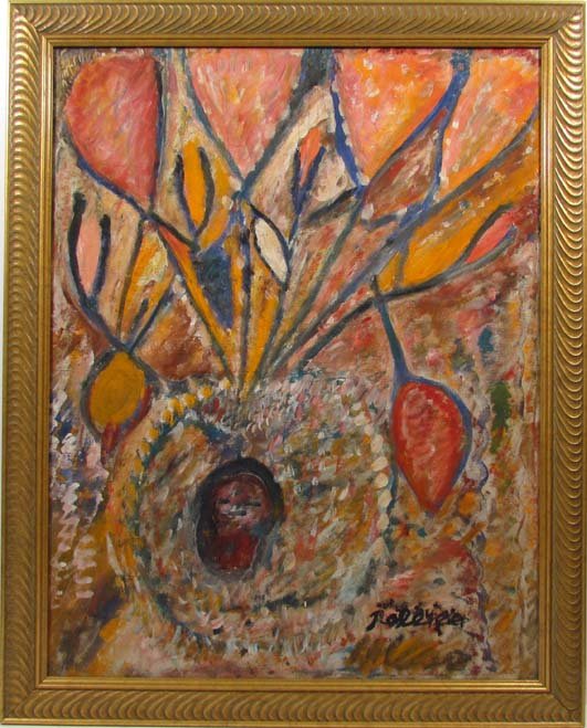 Robert St. Brice Oil Painting Haitian: Artist: St. Brice, Robert (Haitian, 1898-1973) Title: Lwa and Flowers Date: c.1960's Medium: oil on canvas Dimensions: 22 x 28 inches Description: exhibited "Kafou: Haiti, Art and Vodou" N