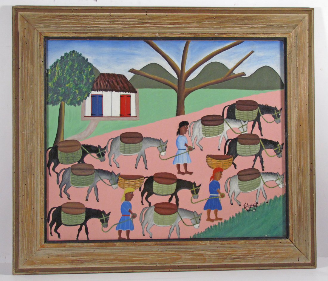 Georges Auguste 1954 Haitian Market Day ptg.: Artist: Auguste, Georges (Haitian, born 1933) Title: Market Day Date: 1954 Medium: gouache on board Dimensions: 20 x 24 inches Description: A great early work by this well known Haitian Ar
