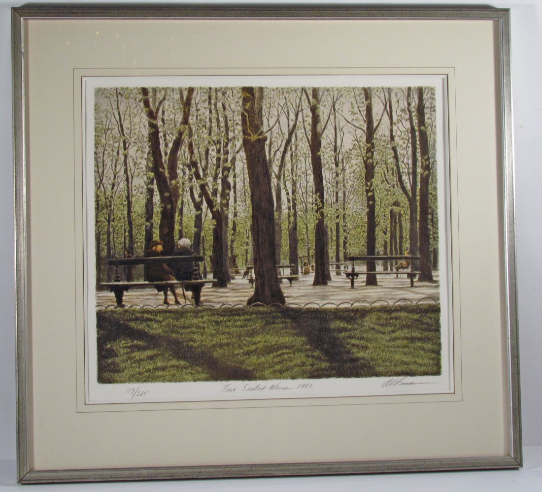 Harold Altman Two Seated Women lithograph: Artist: Altman, Harold Title: Two Seated Women Date: 1983 Medium: lithograph Dimensions: 17 x 20 inches Signature: Pencil signed, titled, numbered 119/285 lower margin Frame Type: <