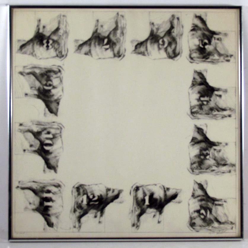 2 Karen Broker graphite drawings, Cows & Chicken: Artist: Broker, Karen (American, b 1950) Title: "A Herd" & "Good Time Chicken #4" Medium: graphite on paper and graphite, marker, (other?) on paper Dimensions: 17.25 x 17.25 inches and 11 x 11 inches