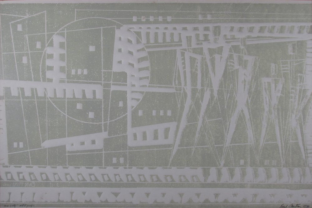 Virgil Cantini relief print "Man & City": Artist: Cantini, Virgil (American/Pittsburgh, 1919-2009) Title: Man & City Date: 1970 Medium: relief print and blind embossing Dimensions: 24 x 36 inches Edition: artist's proof Si