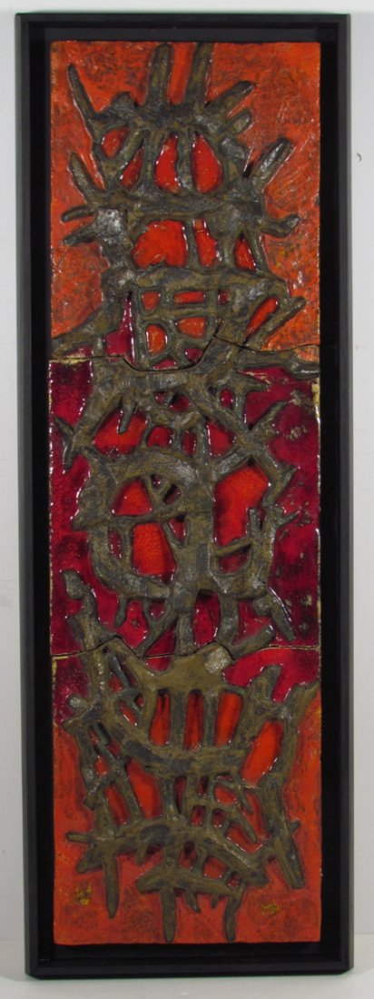 Abstract Ceramic in Red& Bronze in the style of Cantini: Artist: Cantini, Virgil (Style of) Title: Wood Framed 3 Panel Red Ceramic with Bronze abstract Relief, in the style of Virgil Cantini Date: ca 1960's Medium: ceramic Dimensions: 11 x 38 inches