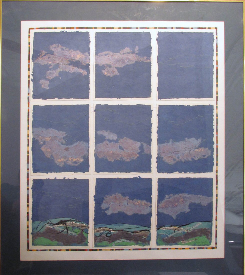 Marie Combs Handmade Paper Collage: Artist: Combs, Marie (20th Century American) Title: Handmade Paper Collage Medium: handmade paper Dimensions: 40 x 33 inches Signature: signed lower right Frame Type: gold metal Fra