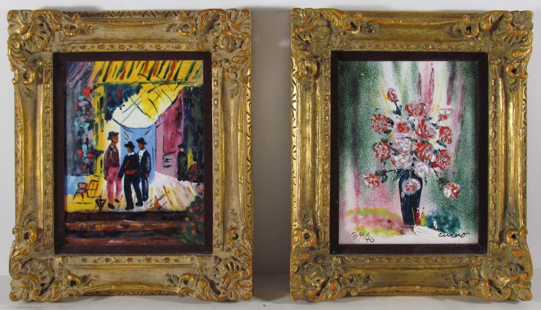 2 Pascal Cucaro enamels of a Still Life and of 3: Artist: Cucaro, Pascal (Californian, 1915-2004) Title: Still Life and of 3 Figures Medium: enamel on copper Dimensions: both: 9.5 x 7.5 inches Edition: still life: 34/40; street: 31/40 Descrip