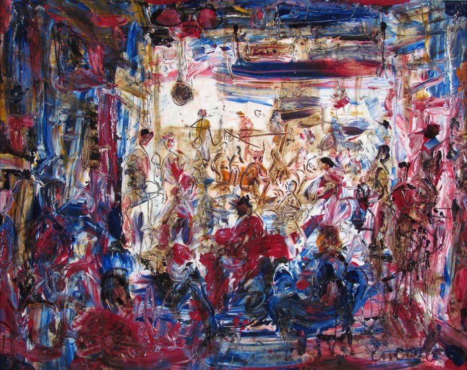 Pascal Cucaro painting "The Circus Performance": Artist: Cucaro, Pascal (Californian, 1915-2004) Title: The Circus Performance Medium: oil on board Dimensions: 15.25 x 19.5 inches Signature: signed lower right Provenance: Cory Gallery, S