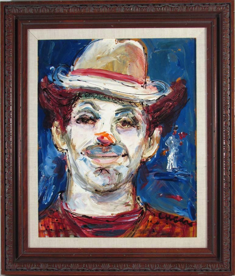 Pascal Cucaro painting of a clown: Artist: Cucaro, Pascal (Californian, 1915-2004) Title: The Clown Medium: oil on board Dimensions: 19.5 x 15.5 inches Signature: signed lower right Provenance: The Estate of Dr. Miklos, McK