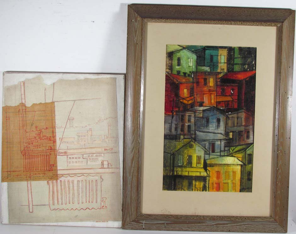 Two Views of The City, Schematic and Cubist: Artist: Finck, Paula (20th Century American teaching at Schenley H. S. and Gogerty Title: English Room at Schenley High, Rows of Houses Date: 1973 & 1950's Medium: drawing and collage on canvas, water