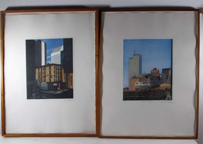2 Kathleen Gallagher Ney York Color etchings: Artist: Gallagher, Kathleen (20th Century American) Title: Twin Towers & Citicorp Date: 1980 Medium: color etchings Dimensions: 14.75 x 11.75 inches Edition: 13/175 & 15/175 Signatu