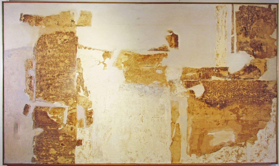 Aaronel Gruber 1960's ptg. Landscape of Antiquity: Artist: Gruber, Aaronel deRoy (American, 1918-2011) Title: Landscape of Antiquity II Date: 1960's Medium: oil , acrylic, collage and mixed media on canvas Dimensions: 42 x 71.75 inches Signat