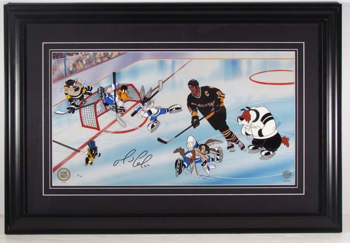 Mario Lemieux autographed limited edition art / cel: Artist: Warner Brothers Title: Goal, Lemieux Date: 1996 Medium: This limited edition cel is hand inked and hand painted on a celluloid sheet, and comes mounted against a colorful lithographic backgrou