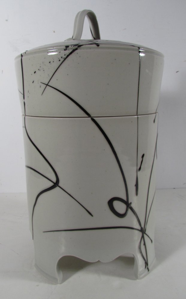 David Nelson porcelain lidded storage jar: Artist: Nelson, David (Contemporary American Ceramicist) Title: lidded storage jar with graffiti decoration Date: 1980's Medium: glazed porcelain Dimensions: 15.5 inches tall