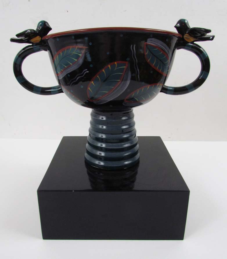 John Paige & David Thorbeck painted Porcelain Loving: Artist: Paige, John and Thorbeck, David Studio Pottery Ceramic Title: Painted Porcelain Loving Cup with bird handles Date: 1980's Medium: hand painted porcelain loving cup Dimensions: 11 x 17 x