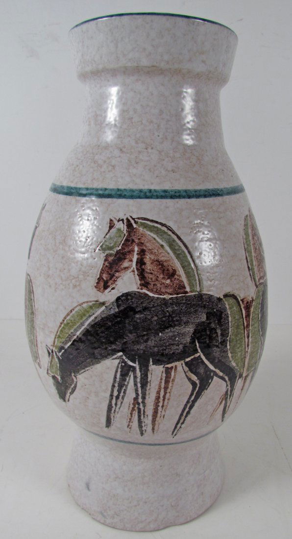 Raymor Ceramic Vase w Horse Decoration: Artist: PIC (9714) for Raymor Title: Horse Vase Date: 1960's Medium: glazed ceramic Dimensions: 13,25 inches tall Signature: with abraded inscriptions on underside and old Raymore Label