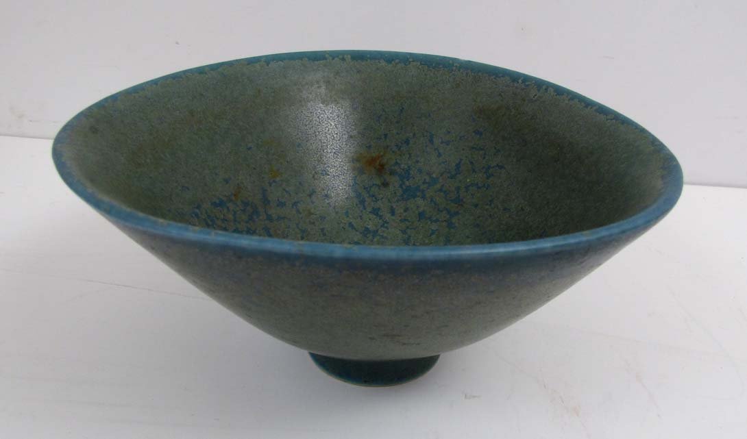 Carl-Harry Stålhane Rorstrand teal ceramic bowl: Artist: Stålhane, Carl-Harry (1920 - 1990) for Rohrstrand Title: Swedish green and teal ceramic bowl Medium: glazed ceramic Dimensions: 3.5 x 7.25 inches Signature: signed with Rorstrand and Carl-H