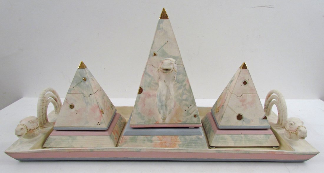 David Ward Glazed Ceramic Tea Set "Camel Man": Artist: Ward, David Title: Camel Man, 1364 BC Medium: glazed and gilded porcelain Dimensions: 11 x 22.75 x 9.5 inches Signature: Titled in gold on all four pieces, no apparent signature