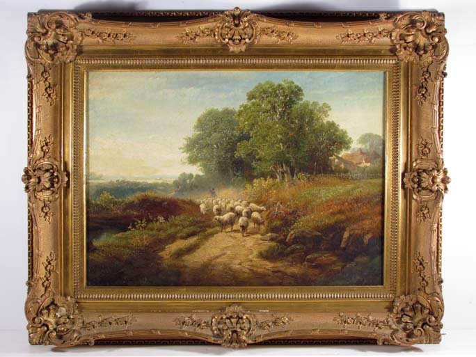 Shepherd Driving Sheep Along Country Road, ptg.: Artist: 19th Century British School Title: Shepherd Driving Sheep Along Country Road Date: mid to late 19th Century Medium: oil on Artist's board Dimensions: 15.5 x 22 inches Signature: a