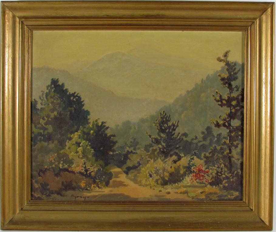 Spring Landscape oil by Ruthven Holmes Byrum: Artist: Byrum, Ruthven Holmes (American/Indiana 1896-1960) Title: Spring Landscape oil, possibly southern Indiana by Ruthven Holmes Byrum Medium: oil on canvas Dimensions: 15.75 x 19.75 inches Signatu