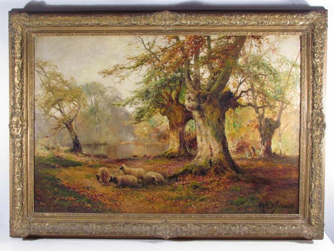 Alfred De Breanski, Sr. ptg. "Burnham Beeches": Artist: De Breanski, Sr. , Alfred (British/Scotland 1852 - 1928) Title: Golden Autumn, Burnham Beeches Medium: oil on canvas board Dimensions: 24 x 36 inches Signature: signed Alfred De Breanski l