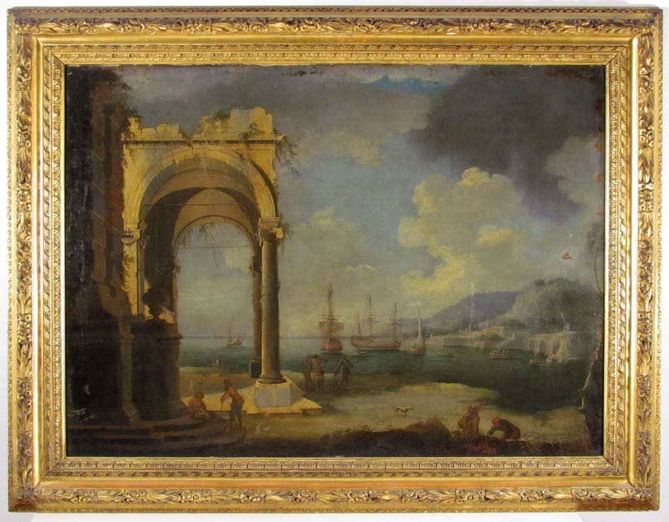 18th Century Classical Landscape after Poussin: Artist: Follower of Nicolas Poussin Title: Classical Landscape Date: late 18th/early 19th century Medium: oil on canvas, relined Dimensions: 30 x 40 inches Signature: apparently unsigned <