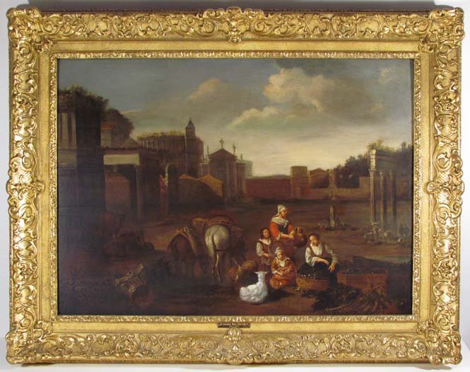 Attributed to Barend van Kalraet ptg. "Figures in a: Artist: Kalraet, Attributed to Barend van (Dutch 1649-1737) Title: Four Women or Vendors Seated in a Roman Ruin Medium: Oil on cradled wood panel Dimensions: 24 x 33 inches Provenance: Mr. Han Jung