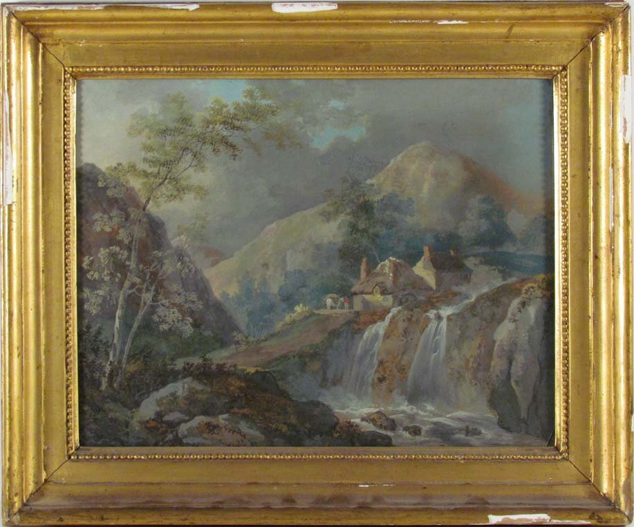 Early 19th Cen Continental School Watercolor: Title: Early 19th Cen Continental School watercolor landscape with waterfall Dimensions: 12.75 x 16.75 inches Frame Type: gold wood Frame Size: 18 x 22 1/8 inches